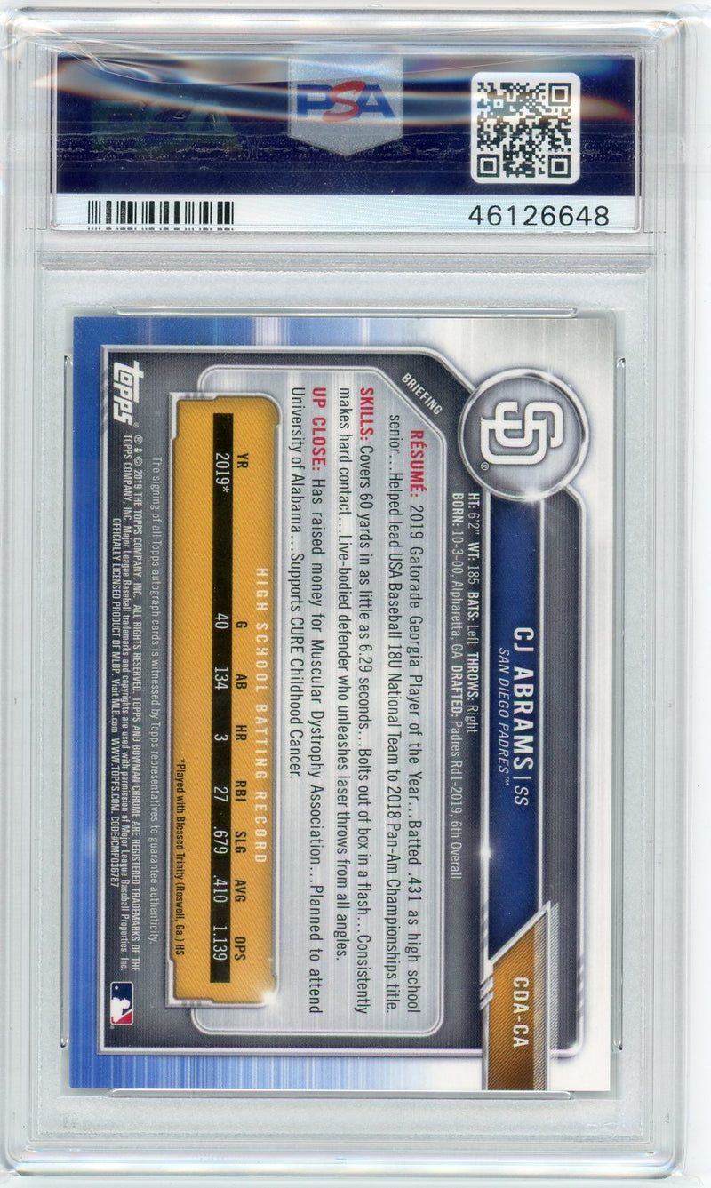 CJ Abrams 2019 Bowman Draft 1st Blue Wave Auto /150 PSA 9