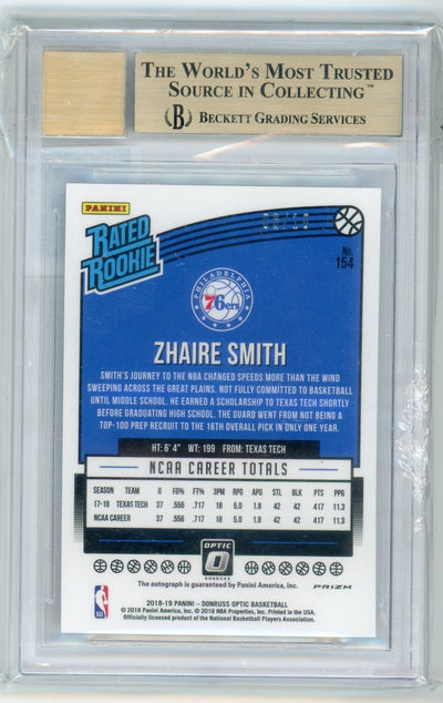 2018-19 Optic Premium Zhaire Smith RC Auto #6/10 Rated Rookie BGS 9.5/10 Gem