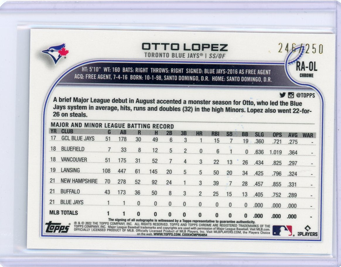 Otto Lopez 2022 Topps Chrome purple refractor autograph rookie card #'d 246/250