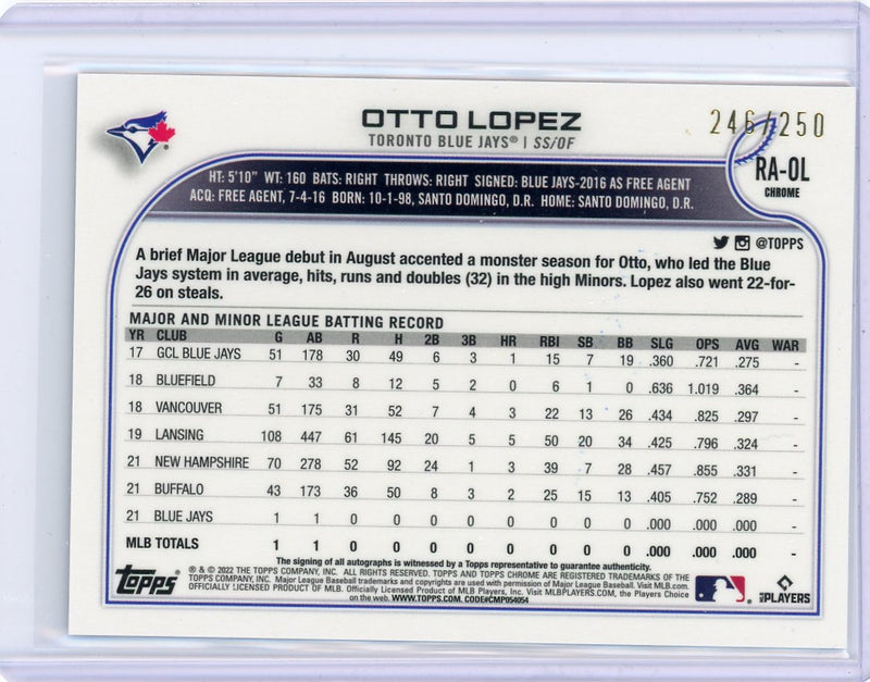 Otto Lopez 2022 Topps Chrome purple refractor autograph rookie card 