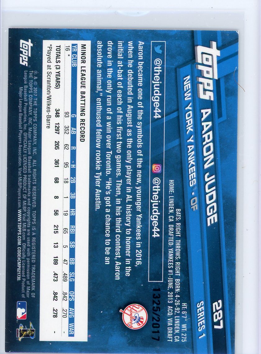 Aaron Judge 2017 Topps Series 1 Gold #'d 1325/2017 rookie card