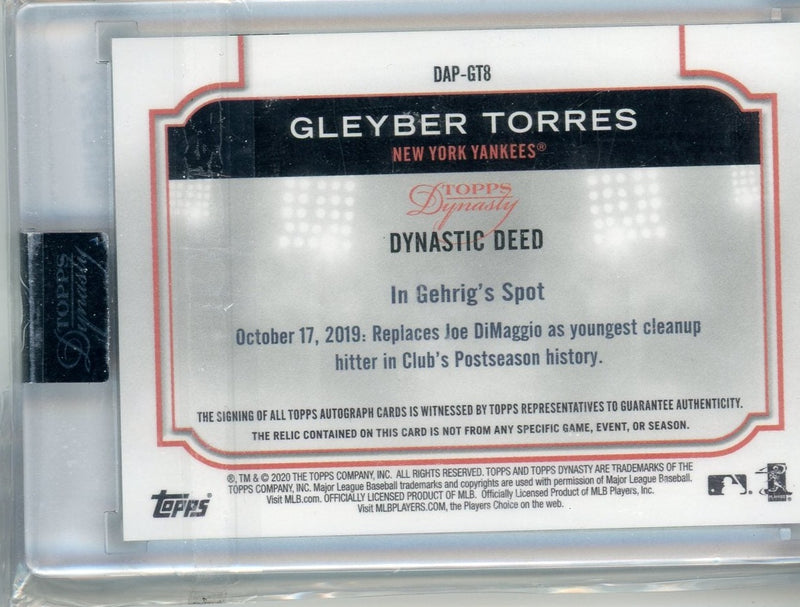 Gleyber Torres 2020 Topps Dynasty 07/10 Patch Auto