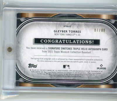 2021 Topps Museum GLEYBER TORRES #SPTRA-GT Triple Relic Auto 7/89 Yankees