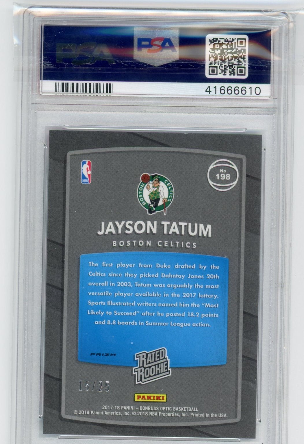 Jayson Tatum 2017-18 Panini Donruss Optic Pink Prizm #’d 15/25 PSA 10