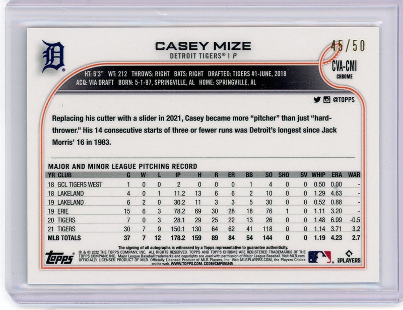 Casey Mize 2022 Topps Chrome Gold refractor autograph 