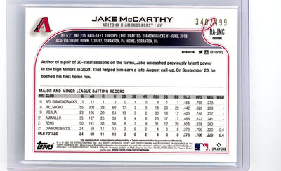 Jake McCarthy 2022 Topps Chrome refractor autograph rookie card #'d 340/499