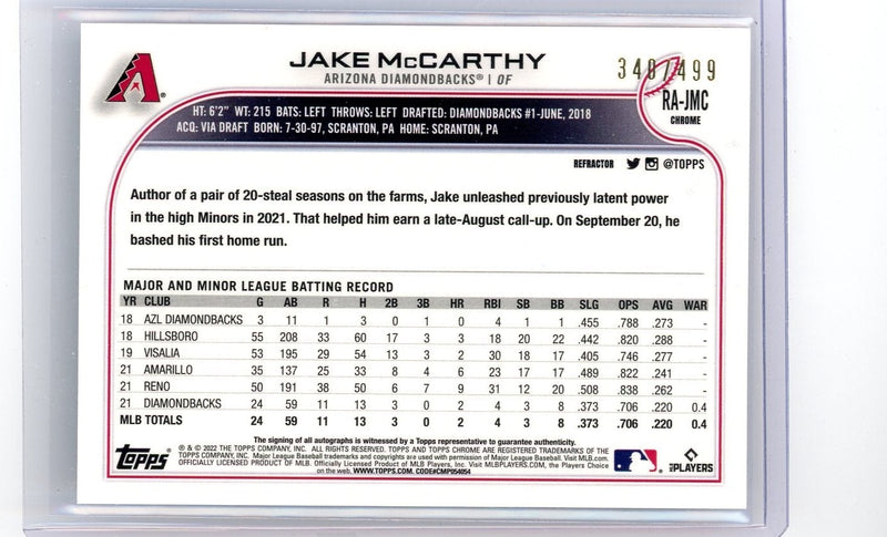 Jake McCarthy 2022 Topps Chrome refractor autograph rookie card 