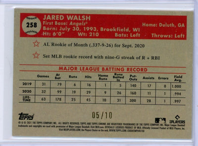 Jared Walsh 2021 Topps Chrome Platinum Anniversary 70th Anniversary gold #'d 05/10