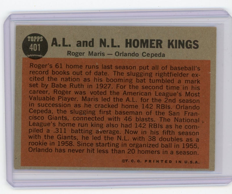 Roger Maris / Orlando Cepeda AL & NL Homer Kings 1962 Topps 