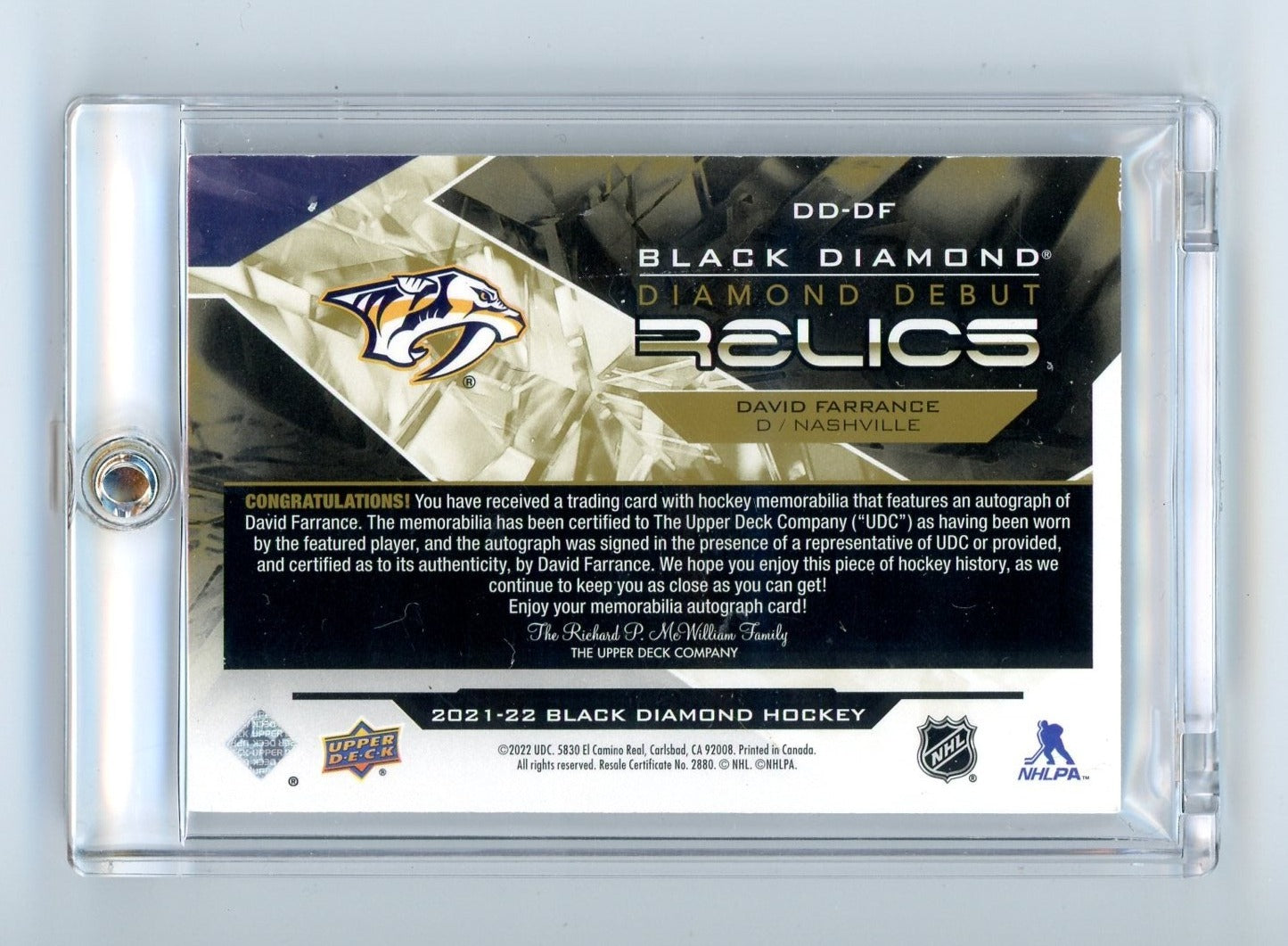 David Farrance 2022 Upper Deck Black Diamond Debut Relic Autograph #'d 21/49
