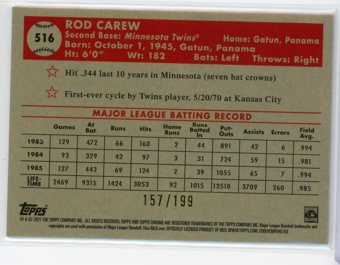 Rod Carew 2021 Topps Chrome Platinum Anniversary blue mini diamond #'d 157/199