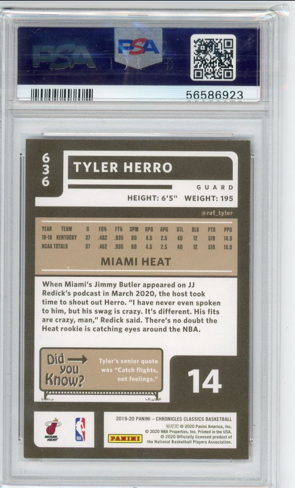 Tyler Herro 2019 Panini Chronicles #636 rookie card PSA 9