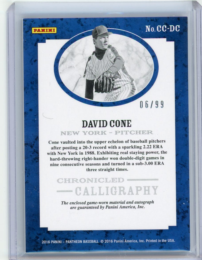 David Cone 2016 Panini Pantheon Baseball Chronicled Calligraphy 06/99 Auto