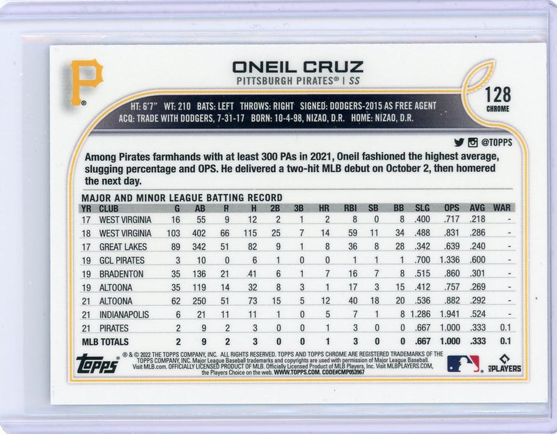 Oneil Cruz 2022 Topps Chrome sepia refractor rookie card
