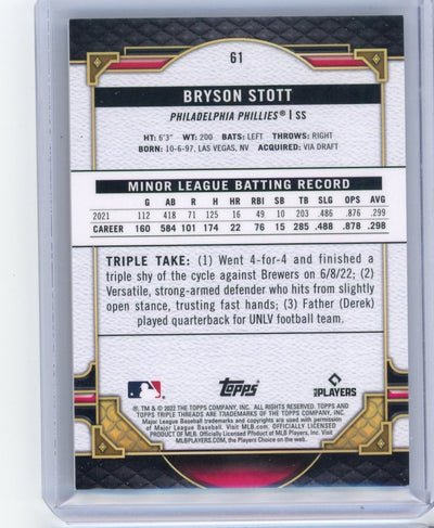 Bryson Stott 2022 Topps Triple Threads rookie card orange #'d 135/199