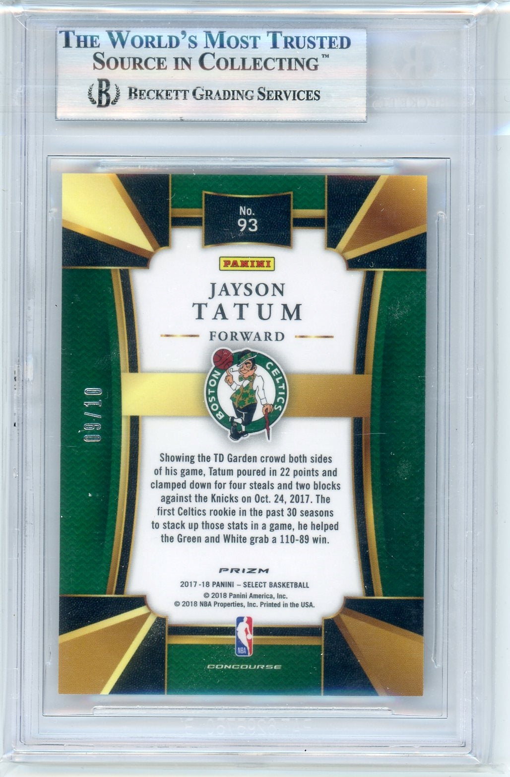 JAYSON TATUM 2017-18 SELECT CONCOURSE GOLD ROOKIE #09/10 BGS 8.5 NM MINT CELTICS