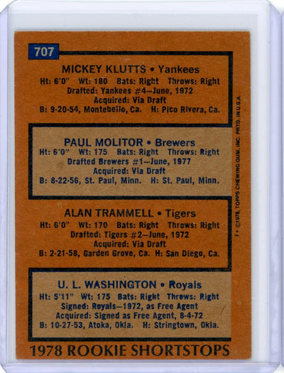 Mickey Klutts, Paul Molitor, Alan Trammell, U.L. Washington 1978 Topps Rookie Shortstops: